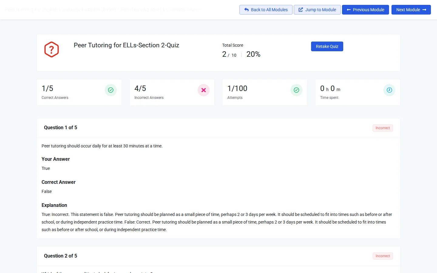 Quiz results with the score, the attempts, and the explanations