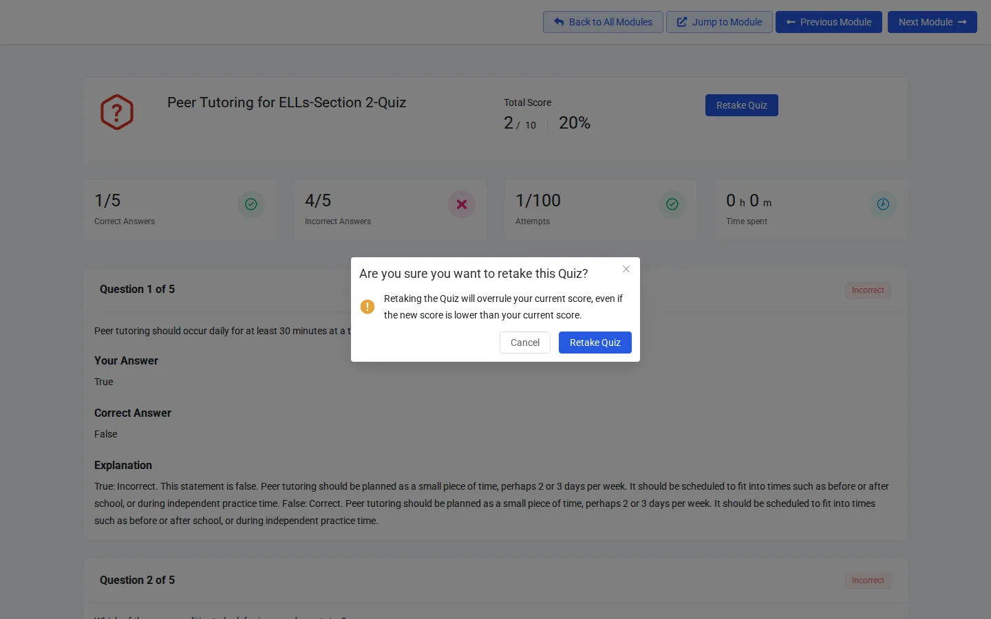 The retake confirmation message