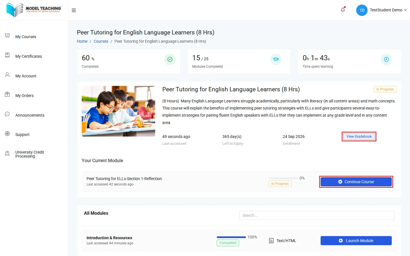 A course home page with View Gradebook and Continue Course outlined
